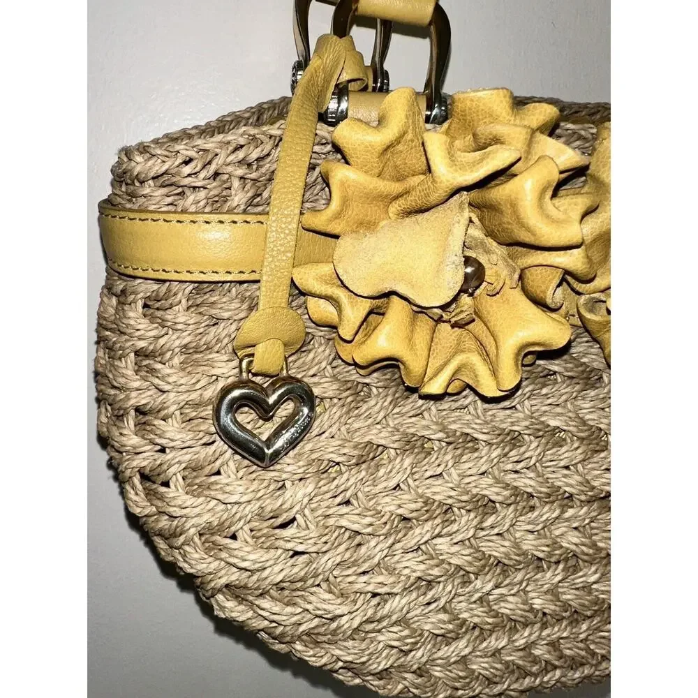 Brighton Straw Yellow Leather‎ Flower Handbag Top Handle Bag Boho Shabby Chic